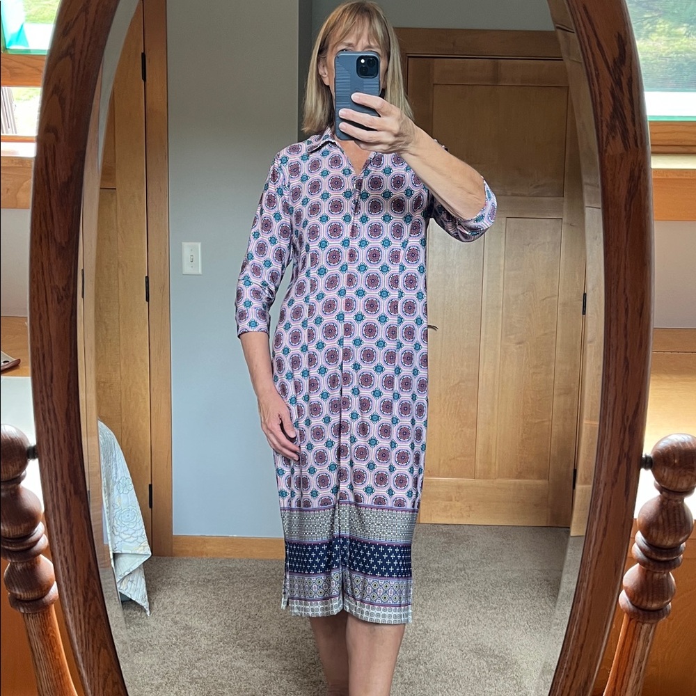 Chico's Geometric Shirt Dress size Medium blue pink boho tunic 3/4 sleeve